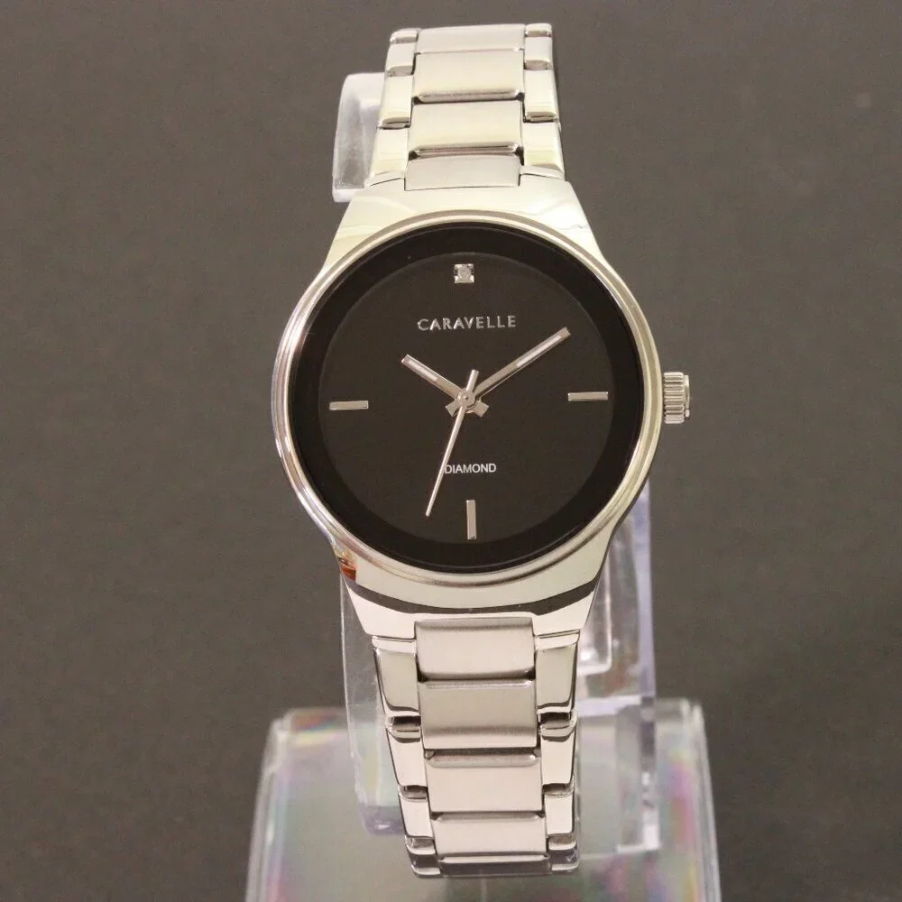 Caravelle Ladies Watch By Bulova Black Dial Diamond 12:00 Stainless 30mm